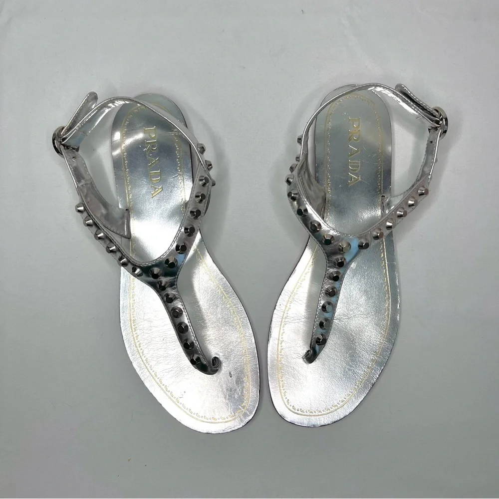 Prada silver metallic Calzature Donna capri studded T strap sandals - Picture 15 of 15